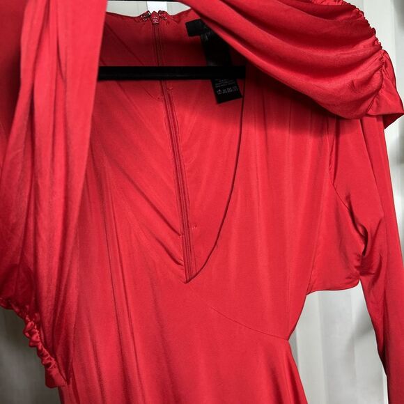 H:ours Dress Mini Red Color Draped Waist Cutout Ruched Long Sleeves Ariya Sz XL - Picture 8 of 11